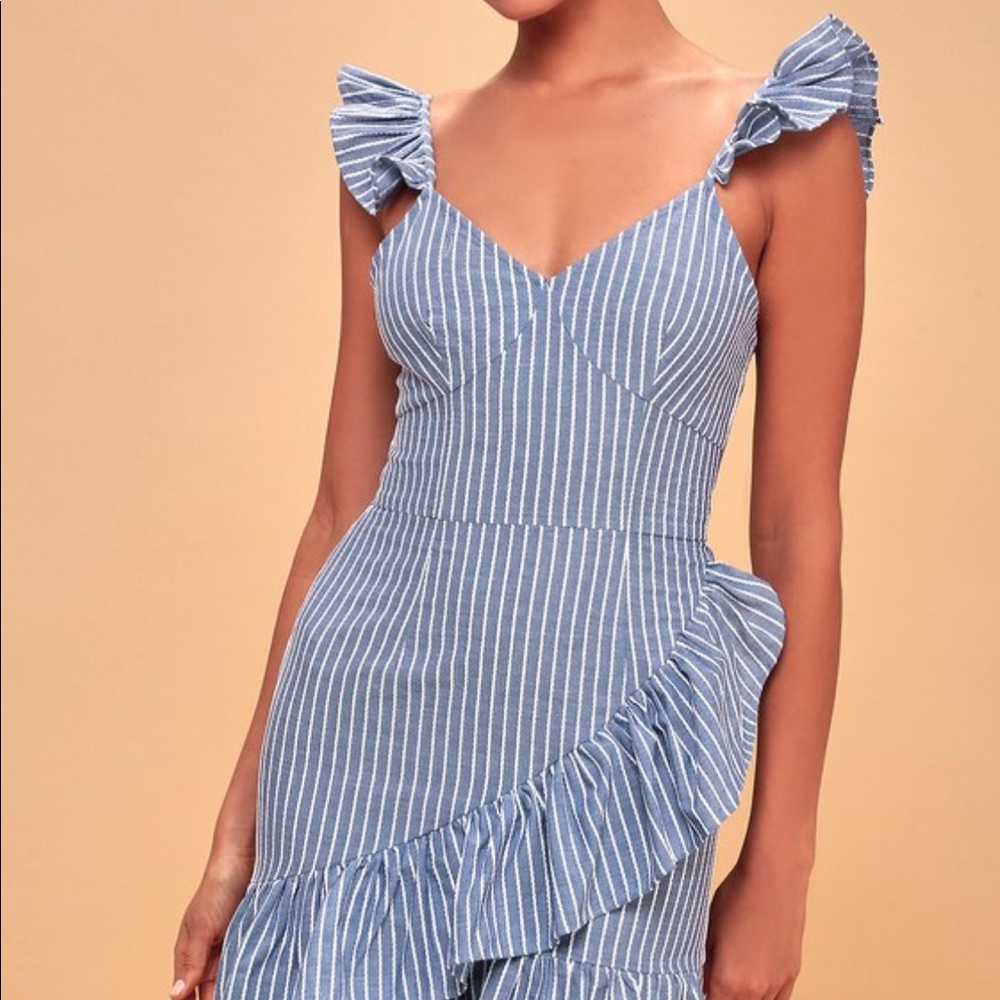Parcel Blue and White Striped Ruffle Mini Dress